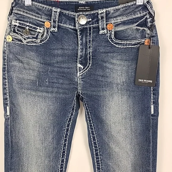NWT True Religion Jennie Curvy Mid Rise Super Skinny Jeans - Size 27, Inseam 28" - Picture 2 of 6